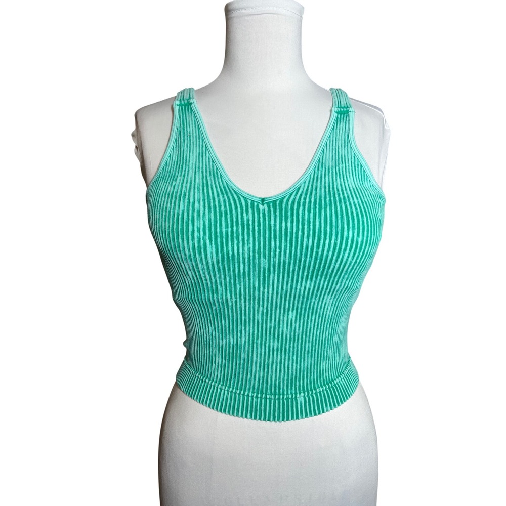 Zenana Ribbed V-Neck Mineral Wash‎ Tank Top Green NTW-6279A L/XL